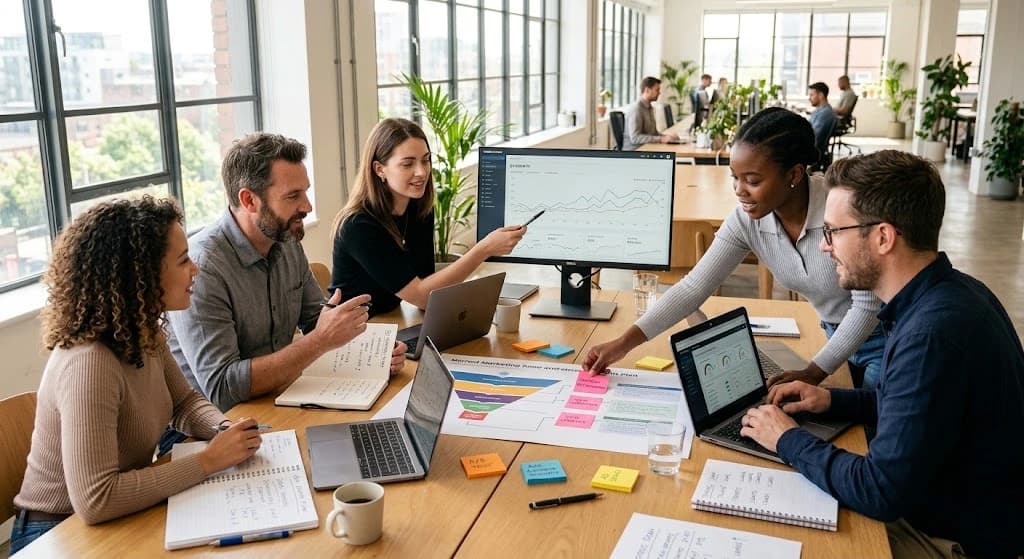 Equipo trabajando en estrategia de marketing digital, campañas, analítica y Growth