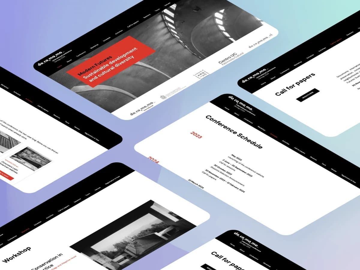 Diseño web responsivo de Docomomo Conference aplicado a pantallas de escritorio.