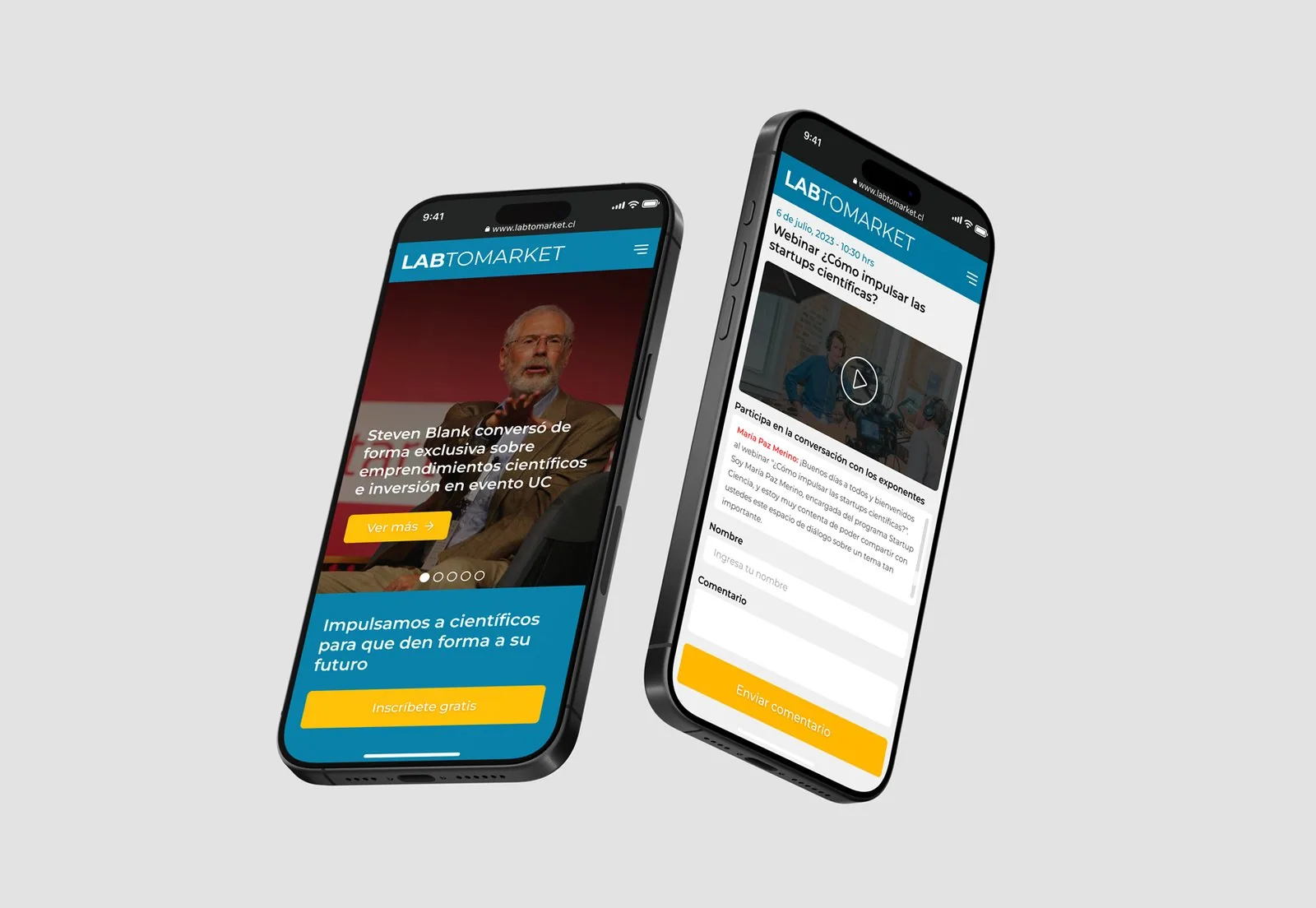 Diseño web móvil de la plataforma LabToMarket para startups de base científica.