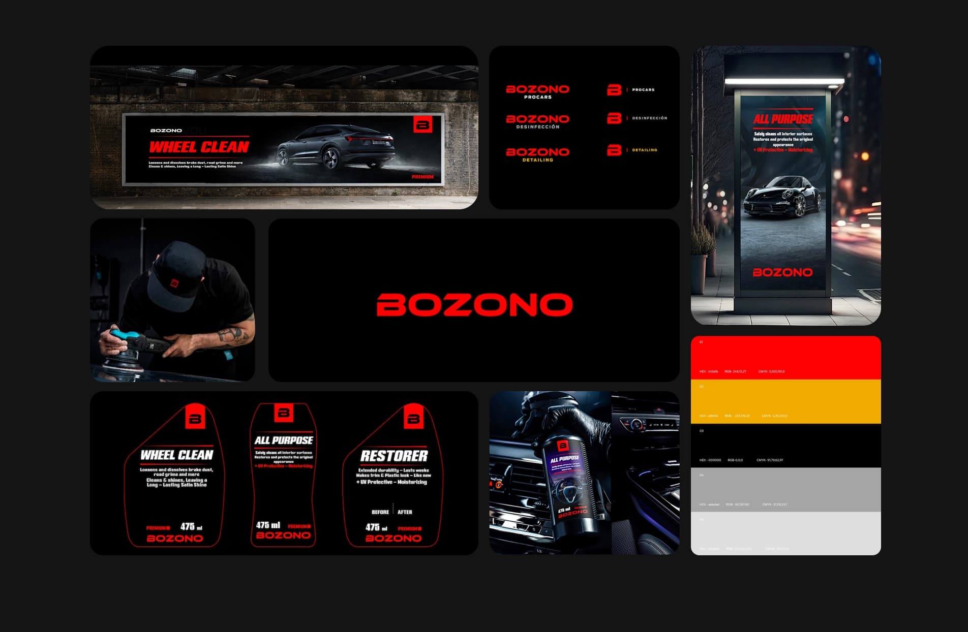 BOZONO visual identity system applied to advertising, uniforms, and product labels