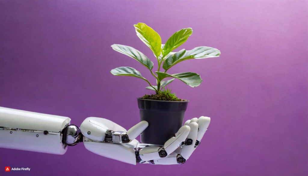 Firefly mano robot sosteniendo una planta, fondo morado 95882