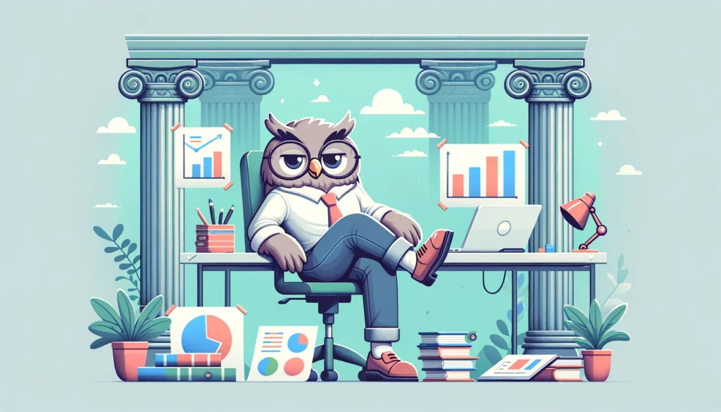 A cartoon owl, styled as a relaxed and savvy entrepreneur, is casually researching growth strategies for its business. The owl, dressed in smart-casua
